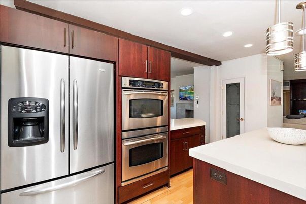 Interior, Kitchen, Pendant Lights, Recessed Lighting, Stainless Steel Appliances, Wood Texture Flooring
