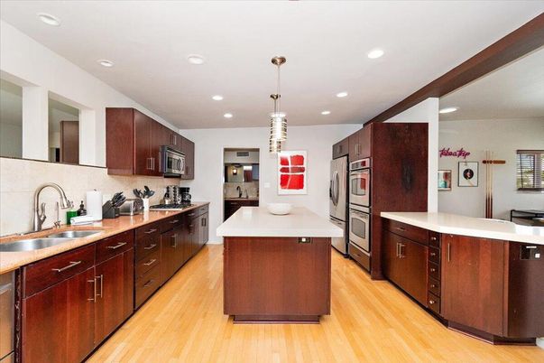 Interior, Kitchen, Pendant Lights, Recessed Lighting, Stainless Steel Appliances, Wood Texture Flooring