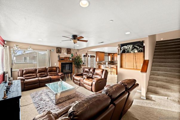 Fireplace, Interior, Kitchen, Living room, Recessed Lighting, Wood Texture Flooring