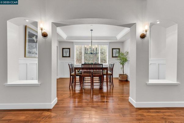 Chandelier, Dining room, Interior, Wood Texture Flooring
