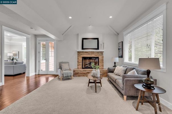 Fireplace, Interior, Living room, Recessed Lighting, Wood Texture Flooring