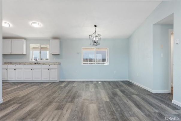 Chandelier, Empty room, Interior, Kitchen, Pendant Lights, Wood Texture Flooring