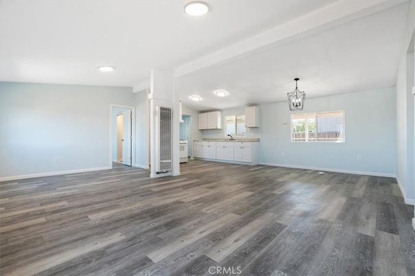 Chandelier, Empty room, Interior, Kitchen, Recessed Lighting, Wood Texture Flooring