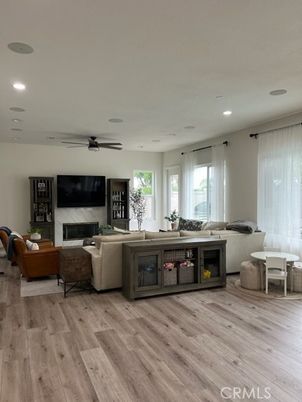 Fireplace, Interior, Living room, Recessed Lighting, Wood Texture Flooring