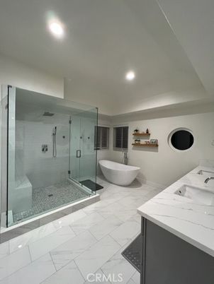 Bathroom, Dual Sink Vanities, Free Standing Baths, Glass Shower, Interior, Marble, Recessed Lighting