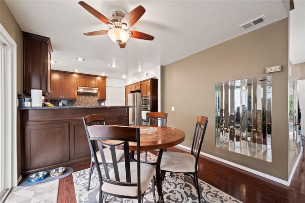 Dining room, Interior, Kitchen, Recessed Lighting, Stainless Steel Appliances, Wood Texture Flooring