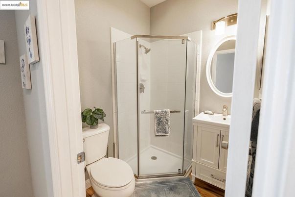 Bathroom, Glass Shower, Interior, Wood Texture Flooring