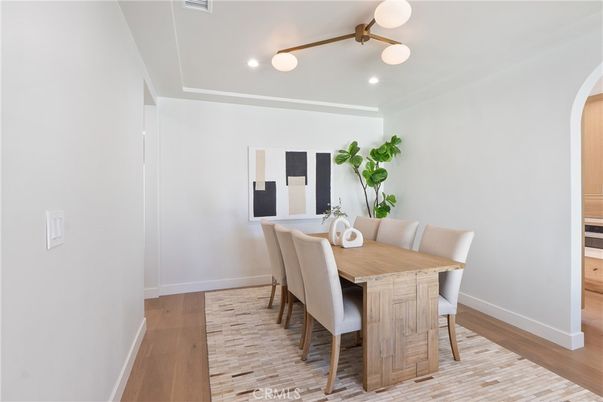 Dining room, Interior, Recessed Lighting, Wood Texture Flooring