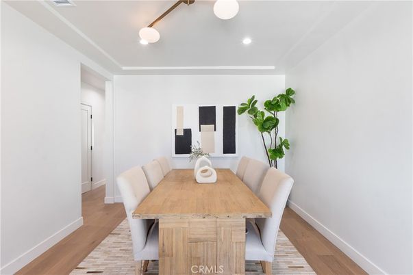 Dining room, Interior, Recessed Lighting, Wood Texture Flooring