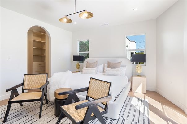 Bedroom, Interior, Pendant Lights, Recessed Lighting, Wood Texture Flooring