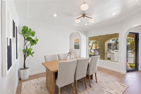 Dining room, Interior, Pendant Lights, Recessed Lighting, Wood Texture Flooring