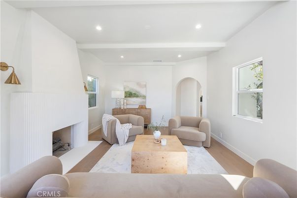 Fireplace, Interior, Living room, Recessed Lighting, Wood Texture Flooring