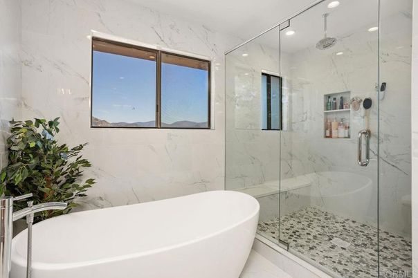 Bathroom, Free Standing Baths, Glass Shower, Interior, Marble, Marble Walls, Recessed Lighting