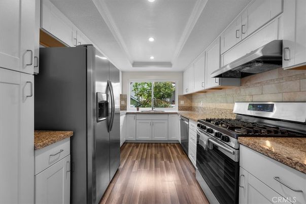 Interior, Kitchen, Recessed Lighting, Stainless Steel Appliances, Wood Texture Flooring