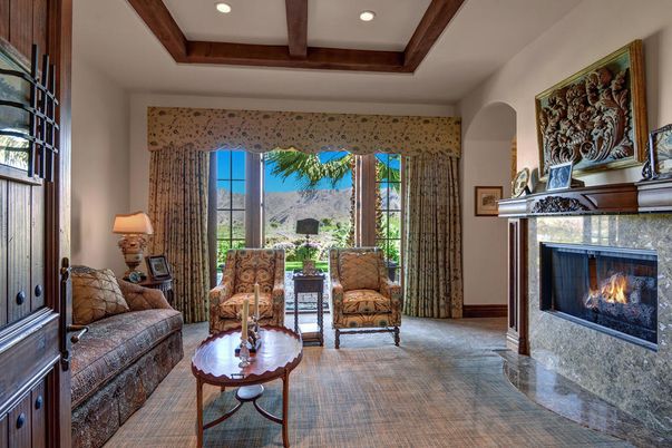 Fireplace, Interior, Living room, Recessed Lighting, Wooden Beams