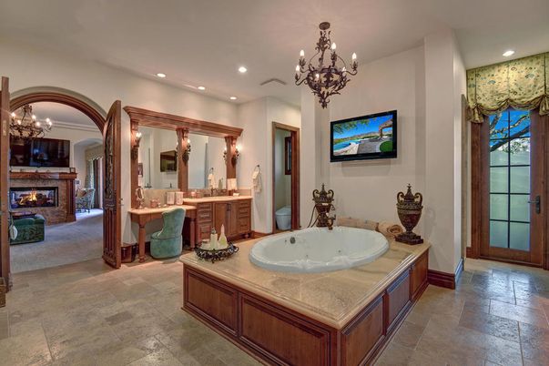 Bathroom, Chandelier, Fireplace, Interior, Recessed Lighting