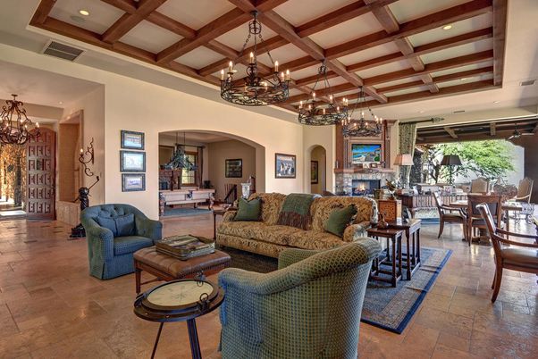 Chandelier, Dining room, Fireplace, Interior, Living room, Pendant Lights, Recessed Lighting, Wooden Beams
