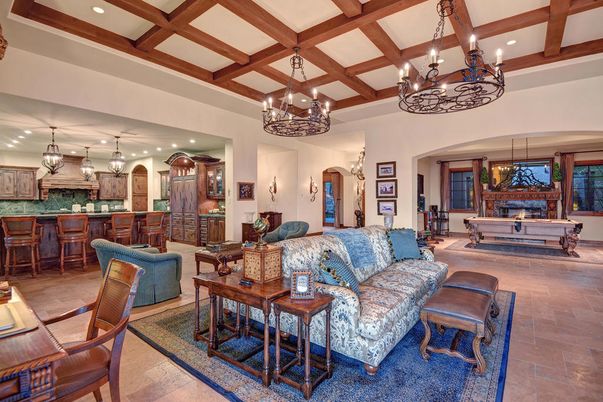 Chandelier, Fireplace, Interior, Kitchen, Living room, Pendant Lights, Recessed Lighting, Wooden Beams