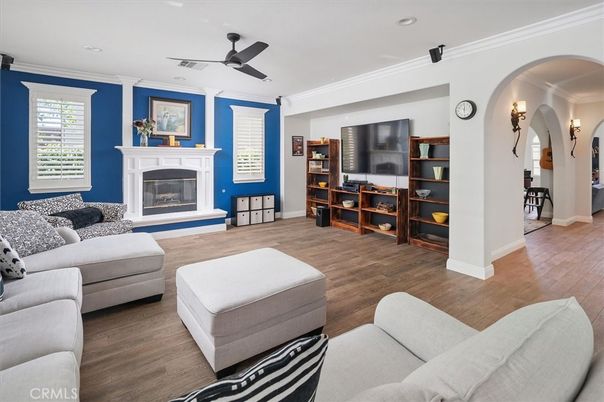 Fireplace, Interior, Living room, Recessed Lighting, Wood Texture Flooring