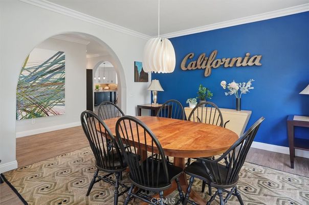 Dining room, Interior, Pendant Lights, Wood Texture Flooring