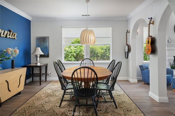 Dining room, Interior, Pendant Lights, Wood Texture Flooring
