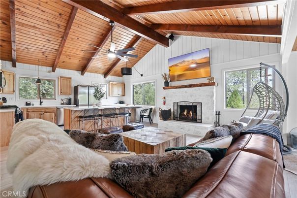 Fireplace, Interior, Kitchen, Living room, Pendant Lights, Stainless Steel Appliances, Wooden Beams, Wooden Ceilings