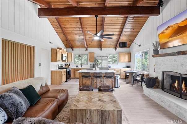 Dining room, Fireplace, Interior, Kitchen, Living room, Wooden Beams, Wooden Ceilings, Wood Texture Flooring