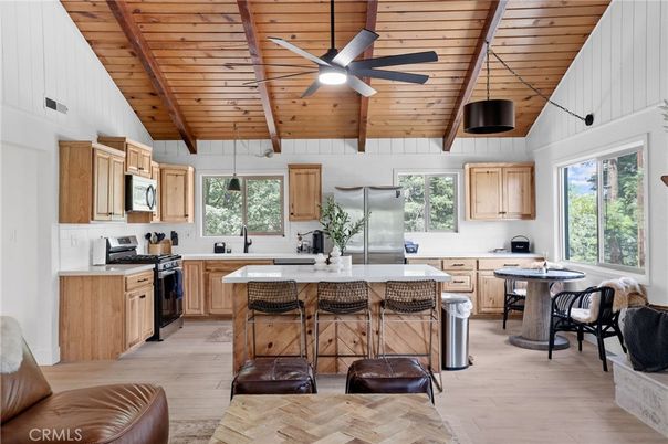 Interior, Kitchen, Pendant Lights, Stainless Steel Appliances, Wooden Beams, Wooden Ceilings, Wood Texture Flooring