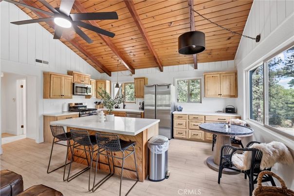 Interior, Kitchen, Pendant Lights, Stainless Steel Appliances, Wooden Beams, Wooden Ceilings, Wood Texture Flooring