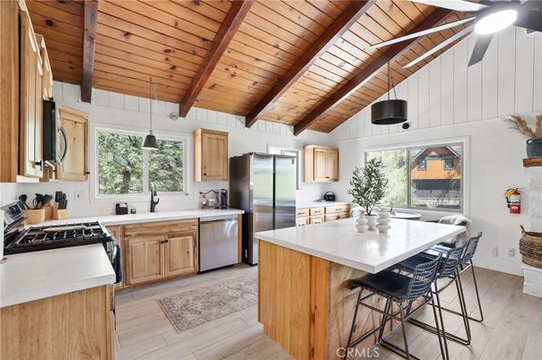 Interior, Kitchen, Pendant Lights, Stainless Steel Appliances, Wooden Beams, Wooden Ceilings, Wood Texture Flooring