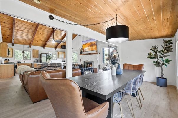 Dining room, Fireplace, Interior, Kitchen, Living room, Pendant Lights, Wooden Beams, Wooden Ceilings, Wood Texture Flooring