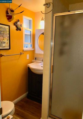 Bathroom, Glass Shower, Interior, Wood Texture Flooring