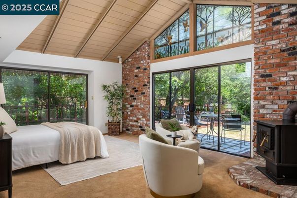 Bedroom, Fireplace, Interior, Stone Walls, Wooden Ceilings