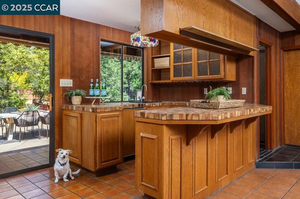 Interior, Kitchen, Tile Countertops, Wooden Walls