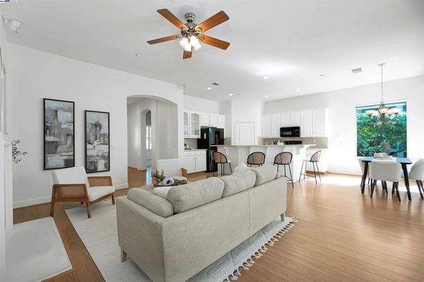 Chandelier, Dining room, Interior, Kitchen, Living room, Pendant Lights, Recessed Lighting, Wood Texture Flooring