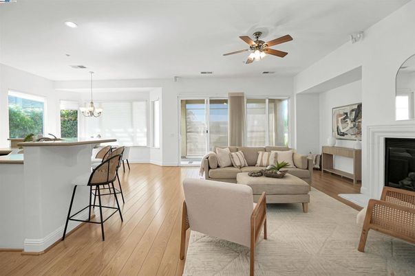Chandelier, Fireplace, Interior, Living room, Recessed Lighting, Wood Texture Flooring