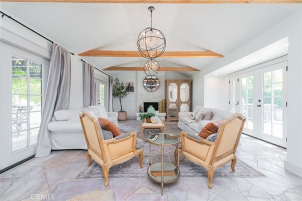 Fireplace, Interior, Living room, Marble, Pendant Lights, Wooden Beams