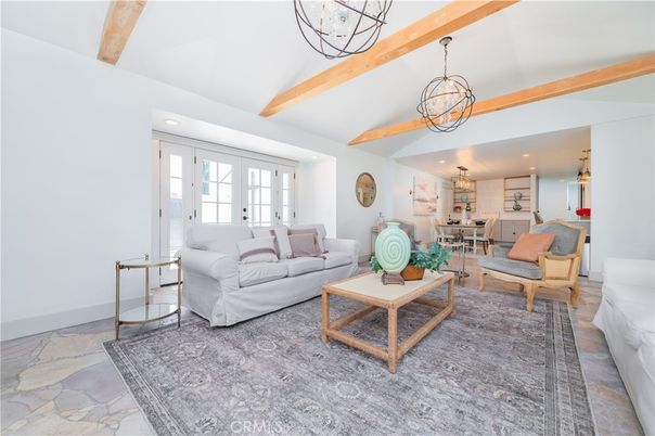 Chandelier, Dining room, Interior, Living room, Pendant Lights, Recessed Lighting, Wooden Beams