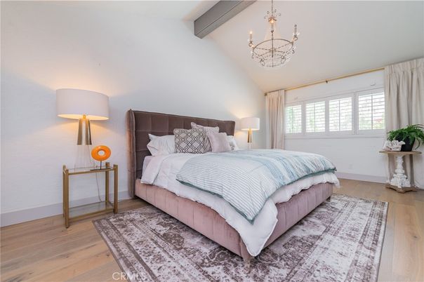 Bedroom, Chandelier, Interior, Wooden Beams, Wood Texture Flooring