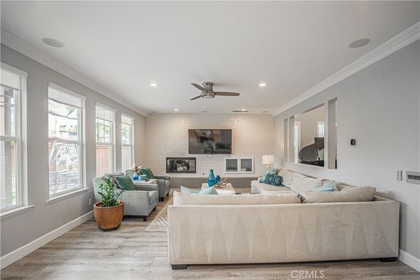 Fireplace, Interior, Living room, Recessed Lighting, Wood Texture Flooring