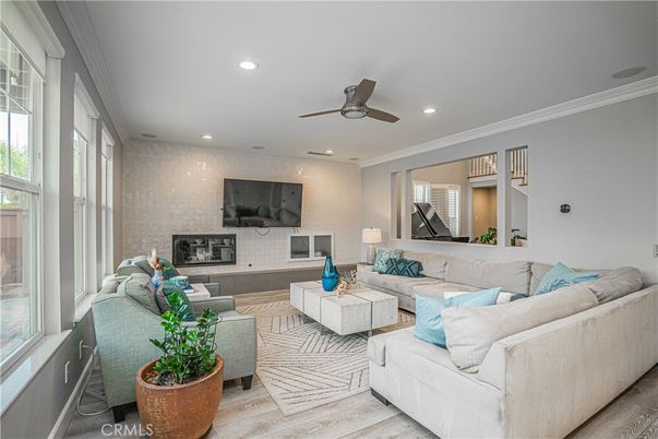 Fireplace, Interior, Living room, Recessed Lighting, Wood Texture Flooring