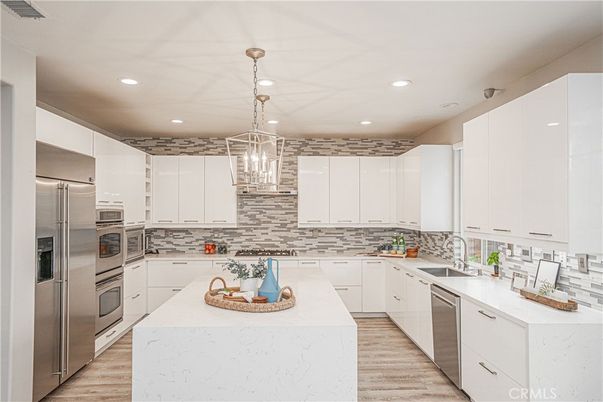 Interior, Kitchen, Pendant Lights, Recessed Lighting, Stainless Steel Appliances, Wood Texture Flooring