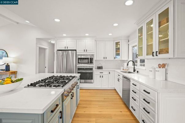 Interior, Kitchen, Recessed Lighting, Stainless Steel Appliances, Wood Texture Flooring