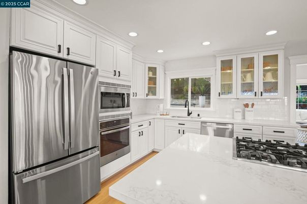 Interior, Kitchen, Recessed Lighting, Stainless Steel Appliances, Wood Texture Flooring