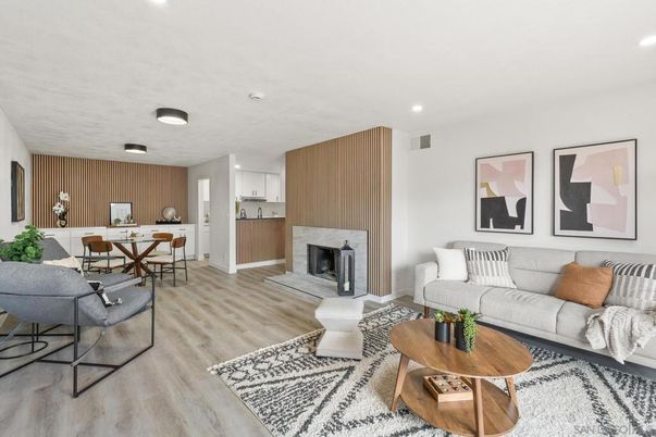Dining room, Fireplace, Interior, Kitchen, Living room, Recessed Lighting, Wood Texture Flooring