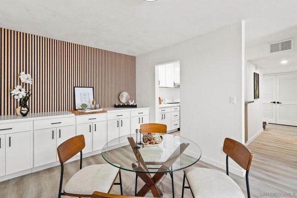 Dining room, Interior, Recessed Lighting, Wood Texture Flooring