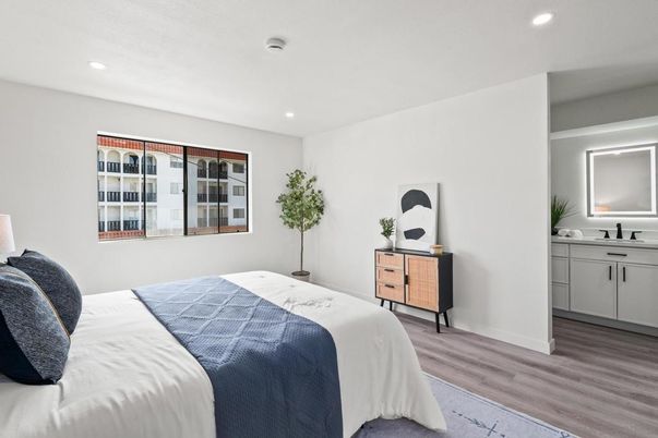 Bedroom, Interior, Recessed Lighting, Wood Texture Flooring