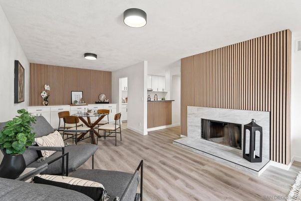 Dining room, Fireplace, Interior, Kitchen, Living room, Wood Texture Flooring