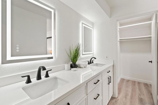 Bathroom, Dual Sink Vanities, Interior, Wood Texture Flooring