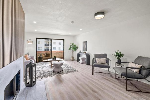 Fireplace, Interior, Living room, Recessed Lighting, Wood Texture Flooring